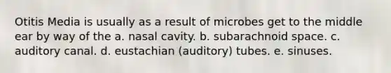 Otitis Media is usually as a result of microbes get to the middle ear by way of the a. nasal cavity. b. subarachnoid space. c. auditory canal. d. eustachian (auditory) tubes. e. sinuses.