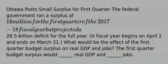 Ottawa Posts Small Surplus for First Quarter The federal government ran a surplus of​ 16 million for the first quarter of the​ 2017-18 fiscal year but projected a​28.5-billion deficit for the full year.​ (A fiscal year begins on April 1 and ends on March​ 31.) What would be the effect of the first quarter budget surplus on real GDP and​ jobs? The first quarter budget surplus would​ ______ real GDP and​ ______ jobs.