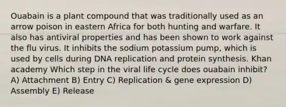 Ouabain is a plant compound that was traditionally used as an arrow poison in eastern Africa for both hunting and warfare. It also has antiviral properties and has been shown to work against the flu virus. It inhibits the sodium potassium pump, which is used by cells during DNA replication and protein synthesis. Khan academy Which step in the viral life cycle does ouabain inhibit? A) Attachment B) Entry C) Replication & gene expression D) Assembly E) Release