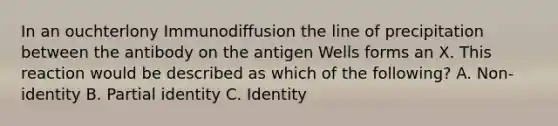 In an ouchterlony Immunodiffusion the line of precipitation between the antibody on the antigen Wells forms an X. This reaction would be described as which of the following? A. Non-identity B. Partial identity C. Identity