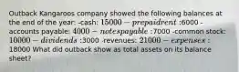 Outback Kangaroos company showed the following balances at the end of the year: -cash: 15000 -prepaid rent:6000 -accounts payable: 4000 -notes payable:7000 -common stock: 10000 -dividends:3000 -revenues: 21000 -expenses:18000 What did outback show as total assets on its balance sheet?