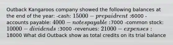 Outback Kangaroos company showed the following balances at the end of the year: -cash: 15000 -prepaid rent:6000 -accounts payable: 4000 -notes payable:7000 -common stock: 10000 -dividends:3000 -revenues: 21000 -expenses:18000 What did Outback show as total credits on its trial balance