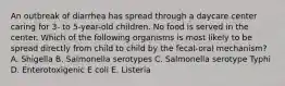 An outbreak of diarrhea has spread through a daycare center caring for 3- to 5-year-old children. No food is served in the center. Which of the following organisms is most likely to be spread directly from child to child by the fecal-oral mechanism? A. Shigella B. Salmonella serotypes C. Salmonella serotype Typhi D. Enterotoxigenic E coli E. Listeria