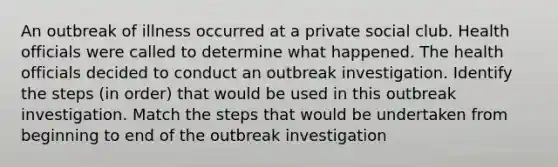 An outbreak of illness occurred at a private social club. Health officials were called to determine what happened. The health officials decided to conduct an outbreak investigation. Identify the steps (in order) that would be used in this outbreak investigation. Match the steps that would be undertaken from beginning to end of the outbreak investigation