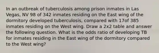 In an outbreak of tuberculosis among prison inmates in Las Vegas, NV 98 of 342 inmates residing on the East wing of the dormitory developed tuberculosis, compared with 17of 385 inmates residing on the West wing. Draw a 2x2 table and answer the following question. What is the odds ratio of developing TB for inmates residing in the East wing of the dormitory compared to the West wing?