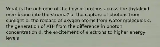 What is the outcome of the flow of protons across the thylakoid membrane into the stroma? a. the capture of photons from sunlight b. the release of oxygen atoms from water molecules c. the generation of ATP from the difference in photon concentration d. the excitement of electrons to higher energy levels