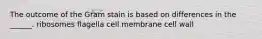 The outcome of the Gram stain is based on differences in the ______. ribosomes flagella cell membrane cell wall