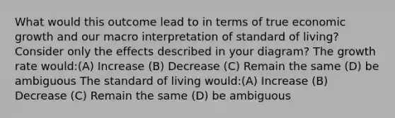 What would this outcome lead to in terms of true economic growth and our macro interpretation of standard of living? Consider only the effects described in your diagram? The growth rate would:(A) Increase (B) Decrease (C) Remain the same (D) be ambiguous The standard of living would:(A) Increase (B) Decrease (C) Remain the same (D) be ambiguous