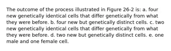 The outcome of the process illustrated in Figure 26-2 is: a. four new genetically identical cells that differ genetically from what they were before. b. four new but genetically distinct cells. c. two new genetically identical cells that differ genetically from what they were before. d. two new but genetically distinct cells. e. one male and one female cell.