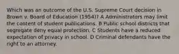 Which was an outcome of the U.S. Supreme Court decision in Brown v. Board of Education (1954)? A Administrators may limit the content of student publications. B Public school districts that segregate deny equal protection. C Students have a reduced expectation of privacy in school. D Criminal defendants have the right to an attorney.