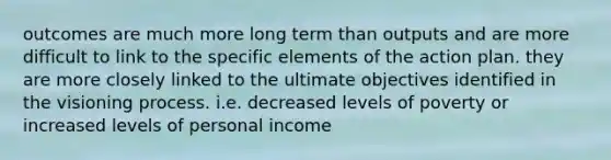 outcomes are much more long term than outputs and are more difficult to link to the specific elements of the action plan. they are more closely linked to the ultimate objectives identified in the visioning process. i.e. decreased levels of poverty or increased levels of personal income