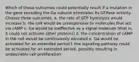 Which of these outcomes could potentially result if a mutation in the gene encoding the Ga subunit eliminates its GTPase activity. Choose three outcomes. a. the rate of GTP hydrolysis would increase b. the cell would be unresponsive to molecules that act via cAMP c. Ga would be ineffective as a signal molecule (that is, it could not activate other proteins) d. the concentration of cAMP in the cell would be continuously elevated e. Ga would be activated for an extended period f. the signaling pathway could be activated for an extended period, possibly resulting in undesirable cell proliferation