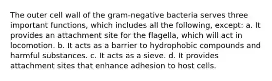 The outer cell wall of the gram-negative bacteria serves three important functions, which includes all the following, except: a. It provides an attachment site for the flagella, which will act in locomotion. b. It acts as a barrier to hydrophobic compounds and harmful substances. c. It acts as a sieve. d. It provides attachment sites that enhance adhesion to host cells.