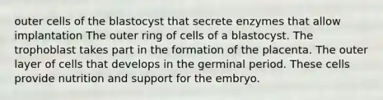 outer cells of the blastocyst that secrete enzymes that allow implantation The outer ring of cells of a blastocyst. The trophoblast takes part in the formation of the placenta. The outer layer of cells that develops in the germinal period. These cells provide nutrition and support for the embryo.