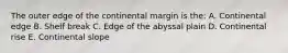 The outer edge of the continental margin is the: A. Continental edge B. Shelf break C. Edge of the abyssal plain D. Continental rise E. Continental slope