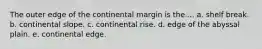 The outer edge of the continental margin is the.... a. shelf break. b. continental slope. c. continental rise. d. edge of the abyssal plain. e. continental edge.