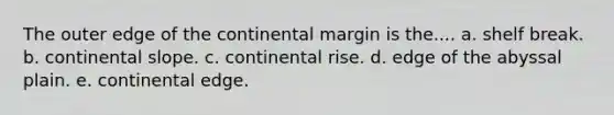 The outer edge of the continental margin is the.... a. shelf break. b. continental slope. c. continental rise. d. edge of the abyssal plain. e. continental edge.