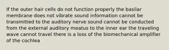 If the outer hair cells do not function properly the basilar membrane does not vibrate sound information cannot be transmitted to the auditory nerve sound cannot be conducted from the external auditory meatus to the inner ear the traveling wave cannot travel there is a loss of the biomechanical amplifier of the cochlea