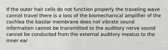 If the outer hair cells do not function properly the traveling wave cannot travel there is a loss of the biomechanical amplifier of the cochlea the basilar membrane does not vibrate sound information cannot be transmitted to the auditory nerve sound cannot be conducted from the external auditory meatus to the inner ear