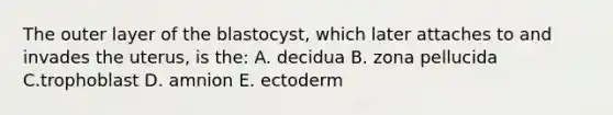 The outer layer of the blastocyst, which later attaches to and invades the uterus, is the: A. decidua B. zona pellucida C.trophoblast D. amnion E. ectoderm