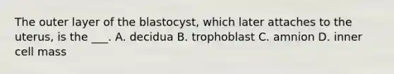 The outer layer of the blastocyst, which later attaches to the uterus, is the ___. A. decidua B. trophoblast C. amnion D. inner cell mass