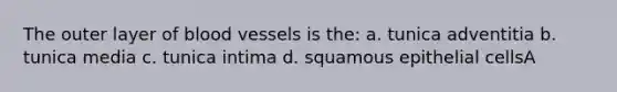 The outer layer of <a href='https://www.questionai.com/knowledge/kZJ3mNKN7P-blood-vessels' class='anchor-knowledge'>blood vessels</a> is the: a. tunica adventitia b. tunica media c. tunica intima d. squamous epithelial cellsA