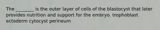 The ________ is the outer layer of cells of the blastocyst that later provides nutrition and support for the embryo. trophoblast ectoderm cytocyst perineum