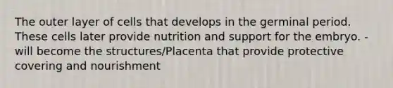 The outer layer of cells that develops in the germinal period. These cells later provide nutrition and support for the embryo. - will become the structures/Placenta that provide protective covering and nourishment