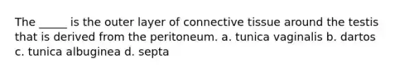 The _____ is the outer layer of <a href='https://www.questionai.com/knowledge/kYDr0DHyc8-connective-tissue' class='anchor-knowledge'>connective tissue</a> around the testis that is derived from the peritoneum. a. tunica vaginalis b. dartos c. tunica albuginea d. septa