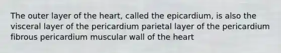 The outer layer of the heart, called the epicardium, is also the visceral layer of the pericardium parietal layer of the pericardium fibrous pericardium muscular wall of the heart