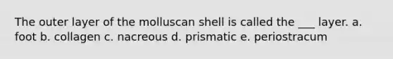 The outer layer of the molluscan shell is called the ___ layer. a. foot b. collagen c. nacreous d. prismatic e. periostracum