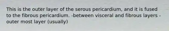 This is the outer layer of the serous pericardium, and it is fused to the fibrous pericardium. -between visceral and fibrous layers -outer most layer (usually)