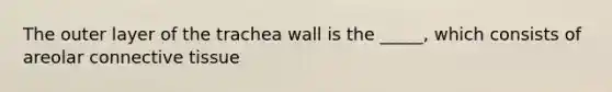 The outer layer of the trachea wall is the _____, which consists of areolar <a href='https://www.questionai.com/knowledge/kYDr0DHyc8-connective-tissue' class='anchor-knowledge'>connective tissue</a>