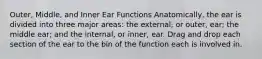 Outer, Middle, and Inner Ear Functions Anatomically, the ear is divided into three major areas: the external, or outer, ear; the middle ear; and the internal, or inner, ear. Drag and drop each section of the ear to the bin of the function each is involved in.