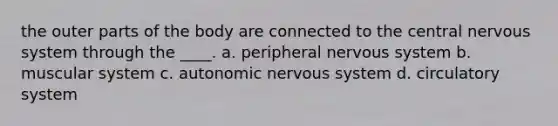 the outer parts of the body are connected to the central nervous system through the ____. a. peripheral nervous system b. muscular system c. autonomic nervous system d. circulatory system