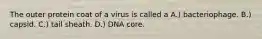 The outer protein coat of a virus is called a A.) bacteriophage. B.) capsid. C.) tail sheath. D.) DNA core.