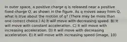 In outer space, a positive charge q is released near a positive fixed charge Q, as shown in the figure. As q moves away from Q, what is true about the motion of q? (There may be more than one correct choice.) A) It will move with decreasing speed. B) It will move with constant acceleration. C) It will move with increasing acceleration. D) It will move with decreasing acceleration. E) It will move with increasing speed (image, 10)