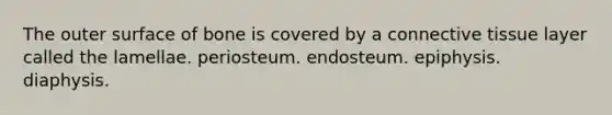 The outer surface of bone is covered by a <a href='https://www.questionai.com/knowledge/kYDr0DHyc8-connective-tissue' class='anchor-knowledge'>connective tissue</a> layer called the lamellae. periosteum. endosteum. epiphysis. diaphysis.