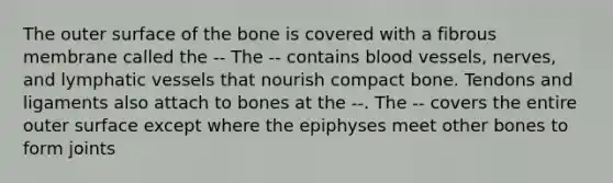 The outer surface of the bone is covered with a fibrous membrane called the -- The -- contains blood vessels, nerves, and lymphatic vessels that nourish compact bone. Tendons and ligaments also attach to bones at the --. The -- covers the entire outer surface except where the epiphyses meet other bones to form joints