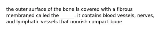 the outer surface of the bone is covered with a fibrous membraned called the ______. it contains <a href='https://www.questionai.com/knowledge/kZJ3mNKN7P-blood-vessels' class='anchor-knowledge'>blood vessels</a>, nerves, and <a href='https://www.questionai.com/knowledge/ki6sUebkzn-lymphatic-vessels' class='anchor-knowledge'>lymphatic vessels</a> that nourish compact bone