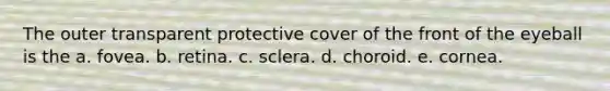 The outer transparent protective cover of the front of the eyeball is the a. fovea. b. retina. c. sclera. d. choroid. e. cornea.