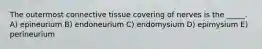 The outermost connective tissue covering of nerves is the _____. A) epineurium B) endoneurium C) endomysium D) epimysium E) perineurium