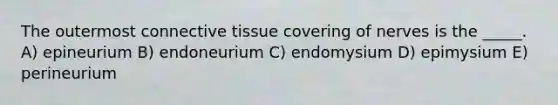 The outermost connective tissue covering of nerves is the _____. A) epineurium B) endoneurium C) endomysium D) epimysium E) perineurium