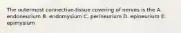 The outermost connective-tissue covering of nerves is the A. endoneurium B. endomysium C. perineurium D. epineurium E. epimysium