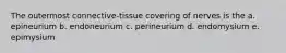 The outermost connective-tissue covering of nerves is the a. epineurium b. endoneurium c. perineurium d. endomysium e. epimysium