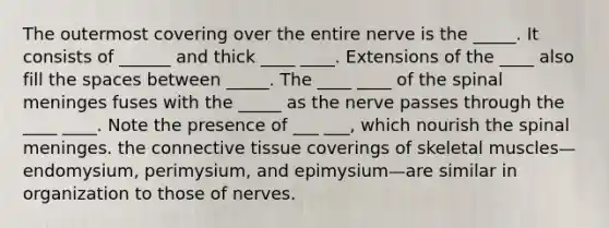 The outermost covering over the entire nerve is the _____. It consists of ______ and thick ____ ____. Extensions of the ____ also fill the spaces between _____. The ____ ____ of the spinal meninges fuses with the _____ as the nerve passes through the ____ ____. Note the presence of ___ ___, which nourish the spinal meninges. the connective tissue coverings of skeletal muscles—endomysium, perimysium, and epimysium—are similar in organization to those of nerves.