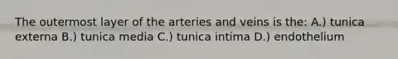 The outermost layer of the arteries and veins is the: A.) tunica externa B.) tunica media C.) tunica intima D.) endothelium