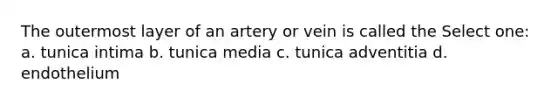 The outermost layer of an artery or vein is called the Select one: a. tunica intima b. tunica media c. tunica adventitia d. endothelium