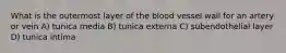 What is the outermost layer of the blood vessel wall for an artery or vein A) tunica media B) tunica externa C) subendothelial layer D) tunica intima