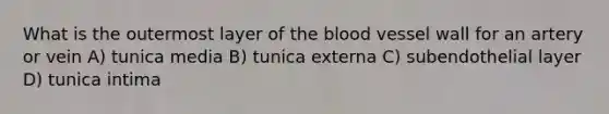 What is the outermost layer of <a href='https://www.questionai.com/knowledge/k7oXMfj7lk-the-blood' class='anchor-knowledge'>the blood</a> vessel wall for an artery or vein A) tunica media B) tunica externa C) subendothelial layer D) tunica intima